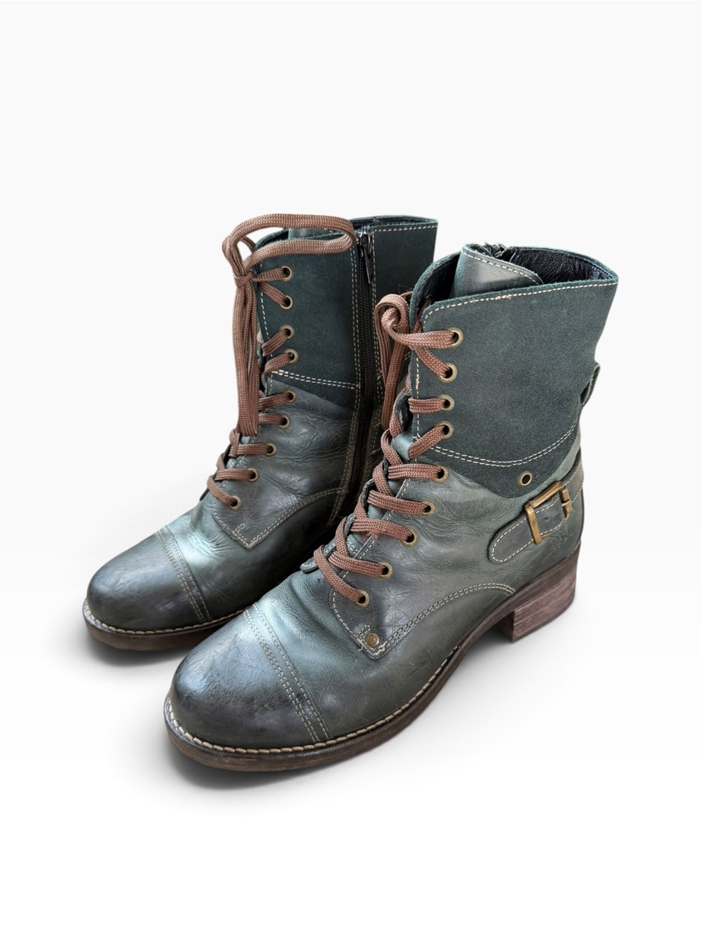Taos Crave Women's Lace-Up Leather Combat Ankle Boots in Dark Teal Green 8.5/39